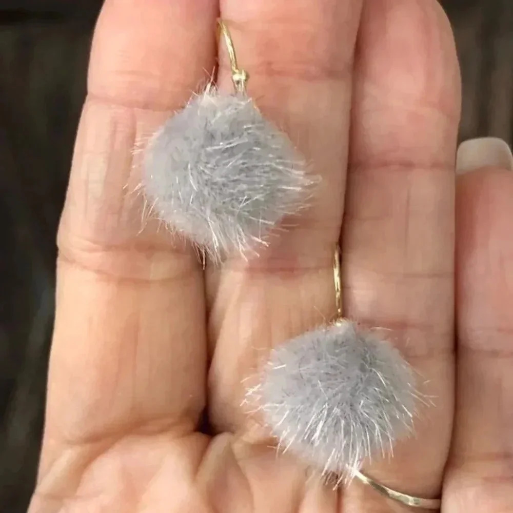Gray Fuzzy Furry Pom Pom Drop Earrings NWT